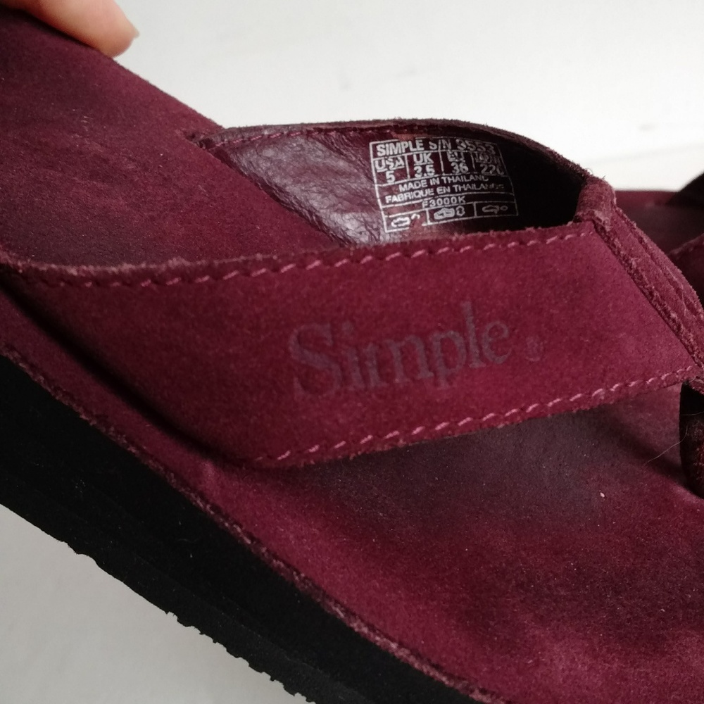 SIMPLE brand genuine leather flip flops Burgundy - Picture 3 of 7